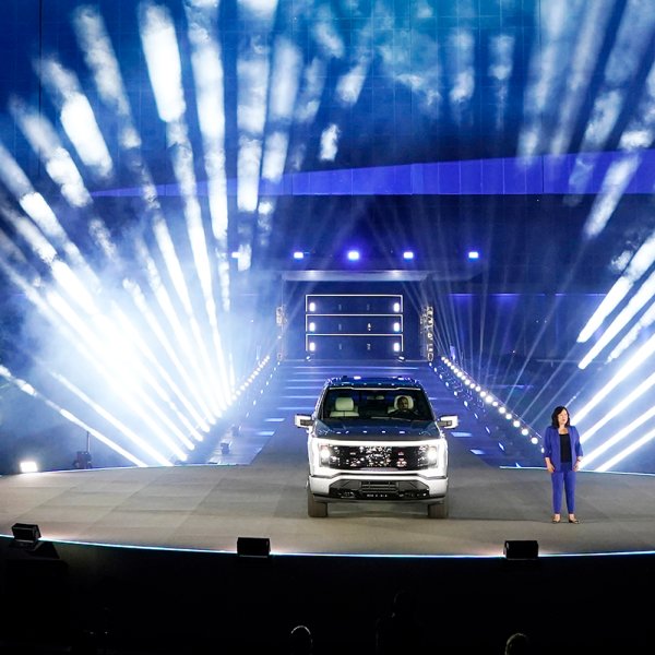 Ford's Chief Executive Engineer Linda Zhang unveils the Ford F-150 Lightning, Wednesday, May 19, 2021, in Dearborn, Michigan.