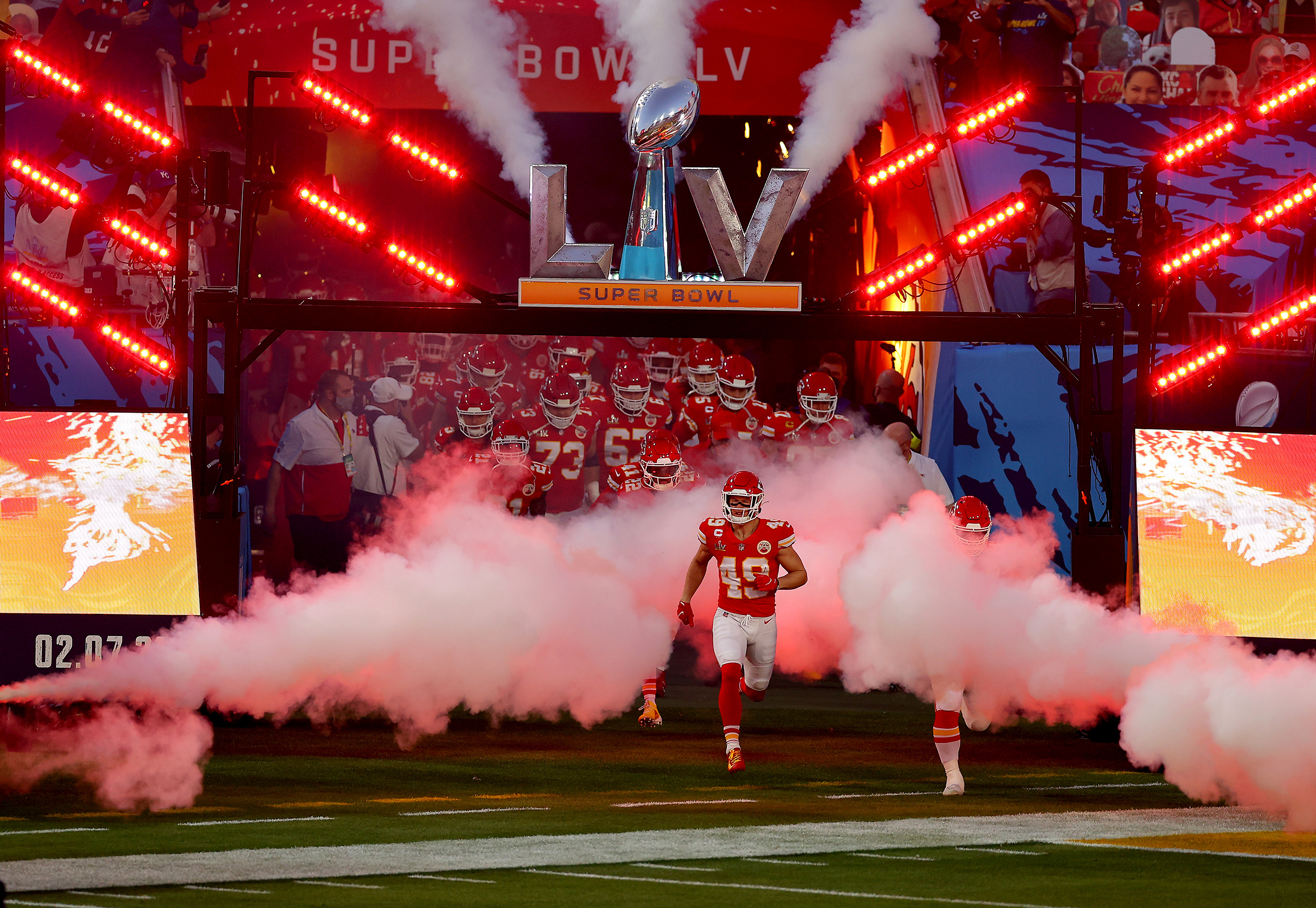 The Kansas City Chiefs take the field before Super Bowl LV against the Tampa Bay Buccaneers at Raymond James Stadium on February 07, 2021 in Tampa, Florida. (Kevin C. Cox—Getty Images)
