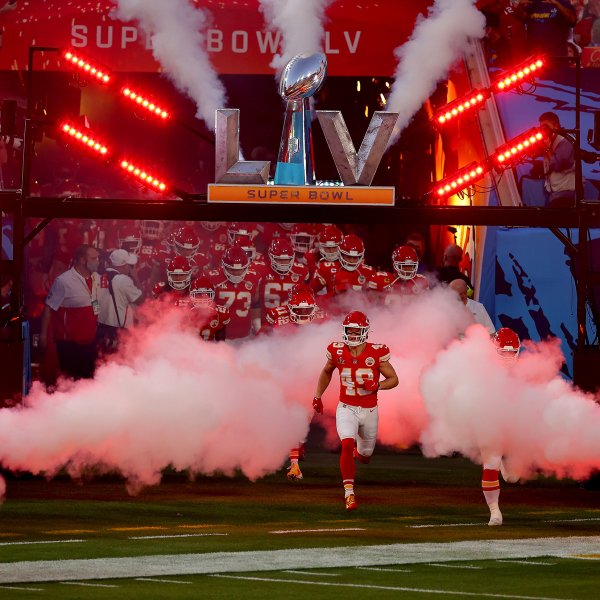 The Kansas City Chiefs take the field before Super Bowl LV against the Tampa Bay Buccaneers at Raymond James Stadium on February 07, 2021 in Tampa, Florida.