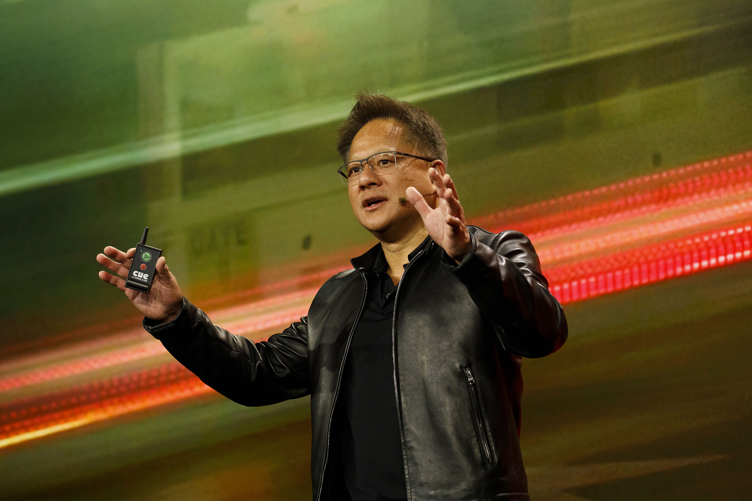 Jen-Hsun Huang, president and chief executive officer of Nvidia Corp., speaks during the company's event at Mobile World Congress Americas in Los Angeles, California, U.S., on Monday, Oct. 21, 2019. (Patrick T. Fallon—Bloomberg/Getty Images)