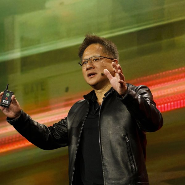 Jen-Hsun Huang, president and chief executive officer of Nvidia Corp., speaks during the company's event at Mobile World Congress Americas in Los Angeles, California, U.S., on Monday, Oct. 21, 2019.