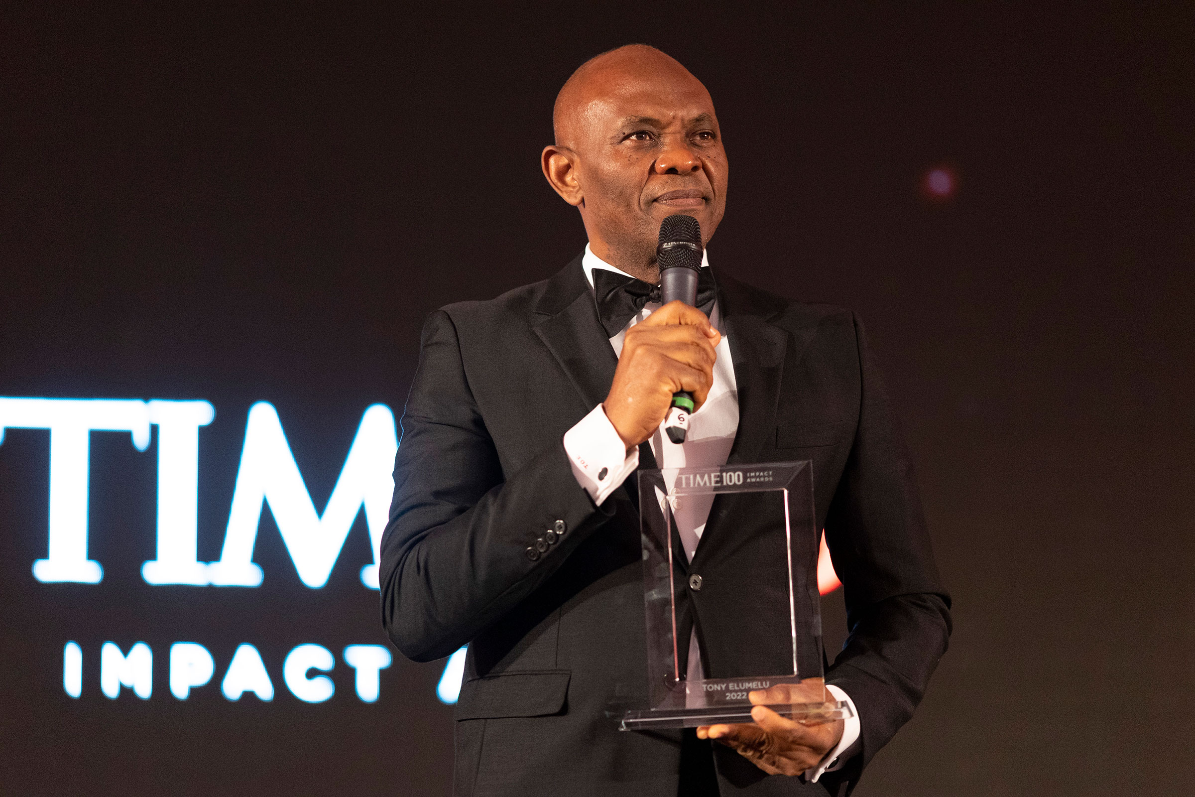 Tony Elumelu accepts the TIME 100 Impact Award at the Museum of the Future in Dubai on March 28, 2022. (Pause Films / Igor Moskalenko)