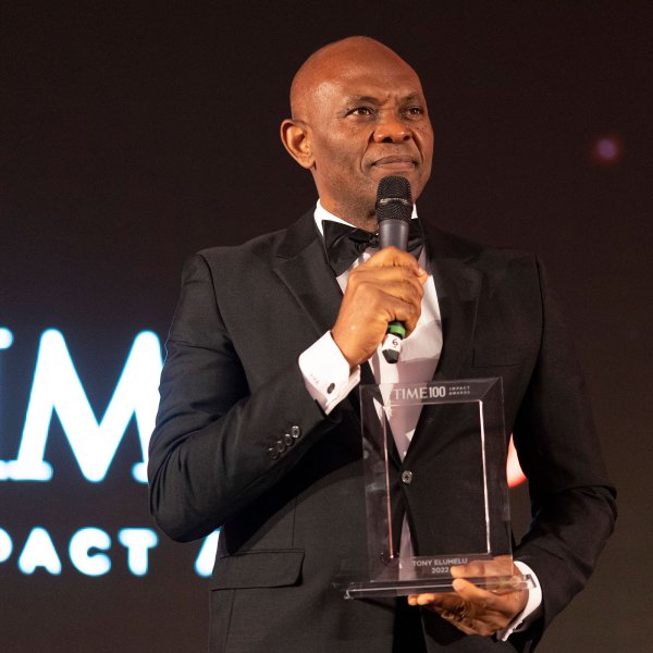 Tony Elumelu accepts the TIME 100 Impact Award at the Museum of the Future in Dubai on March 28, 2022.