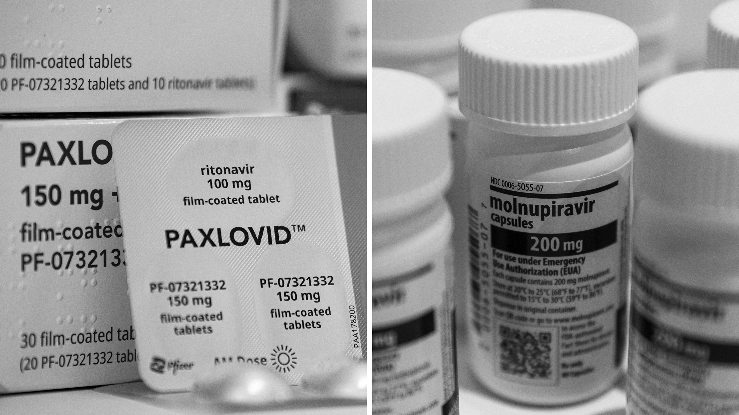 The drug Paxlovid, left, and the drug  Molnupiravir. (Paxlovid: Fabian Sommer—picture alliance/ Getty Images; Molnupiravir: Kobi Wolf—Bloomberg/Getty Images)