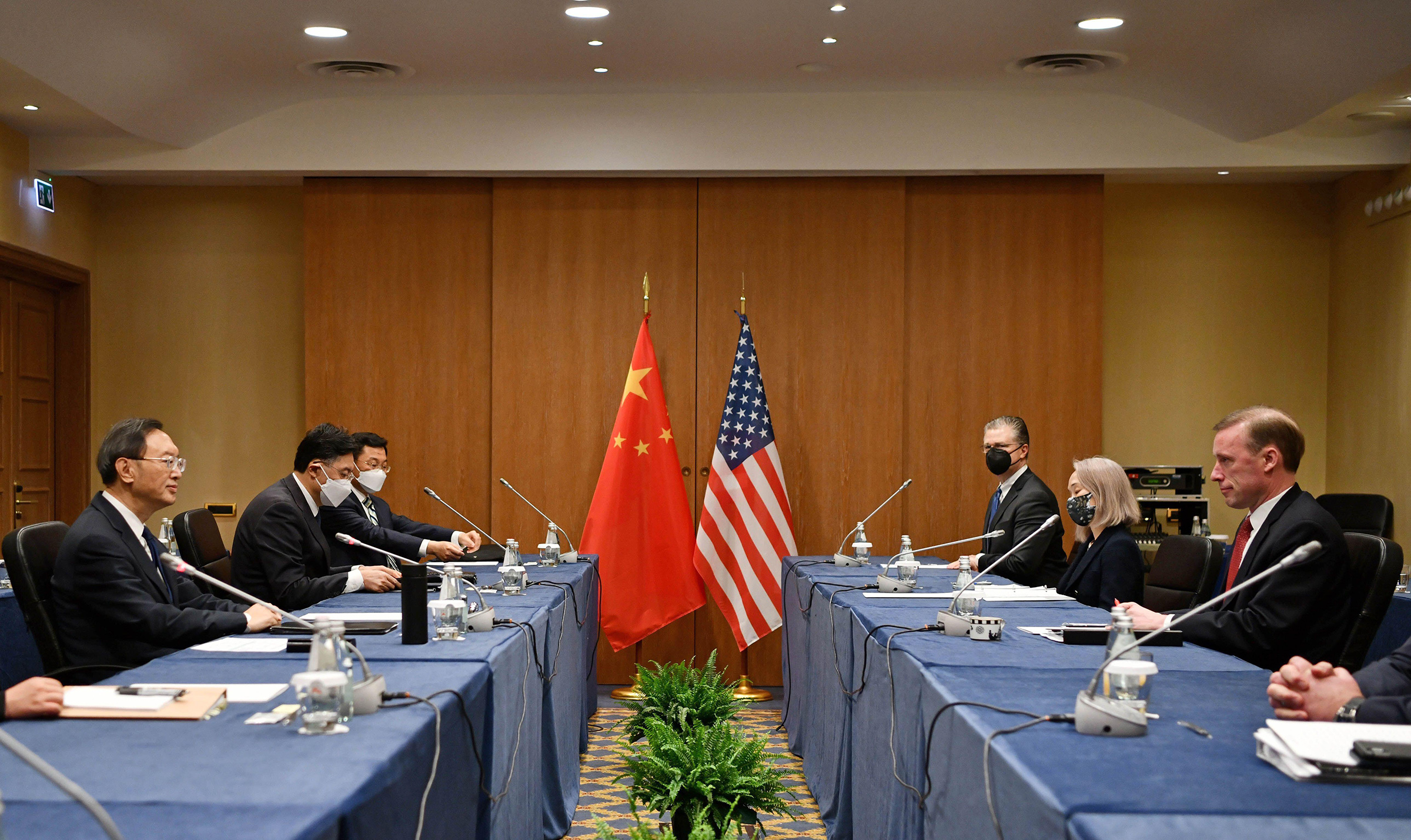 Yang Jiechi, left, a member of the Political Bureau of the Communist Party of China Central Committee and director of the Office of the Foreign Affairs Commission of the CPC Central Committee, meets with U.S. National Security Advisor Jake Sullivan, right in Rome on March 14 (Jin Mamengni—Xinhua/Alamy)