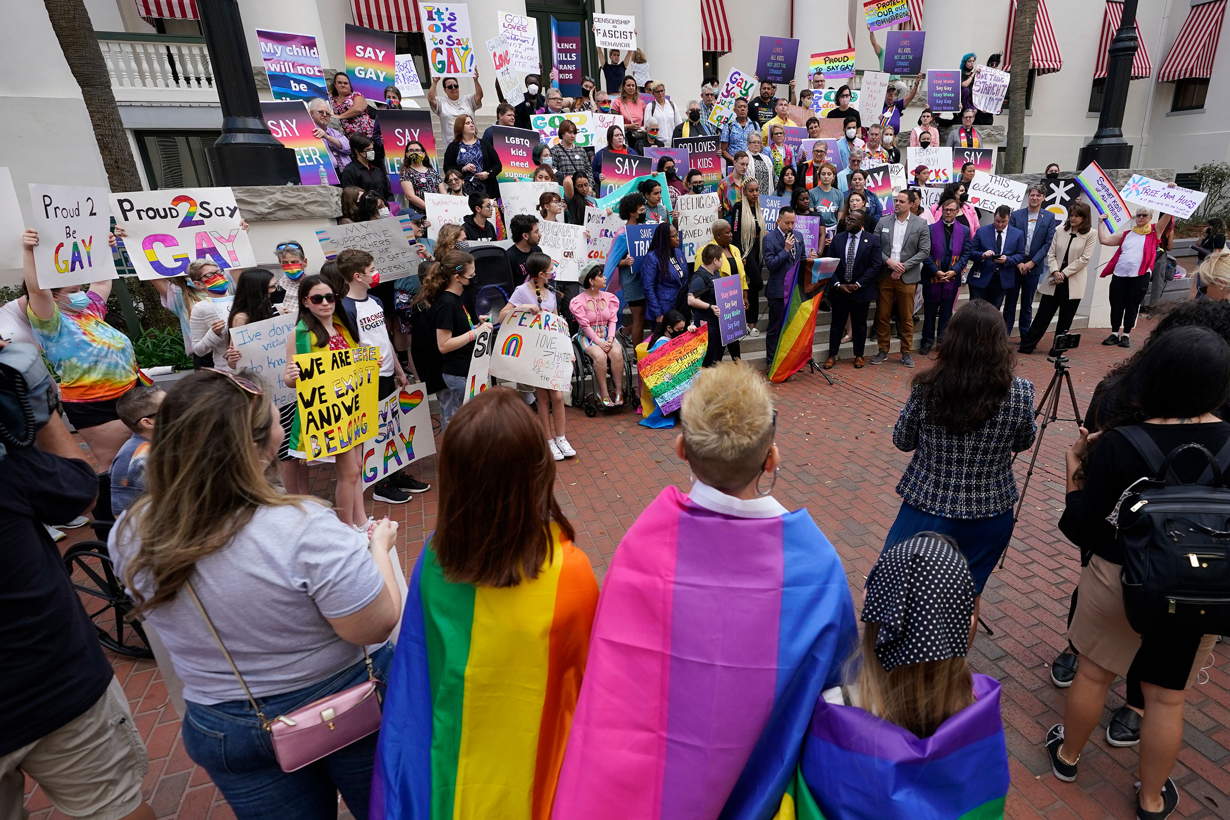 Demonstrators protesting the so-called "Don't Say Gay" bill gather on the steps of the Florida Historic Capitol Museum in front of the Florida State Capitol in Tallahassee, Fla. on March 7, 2022. (Wilfredo Lee—AP)