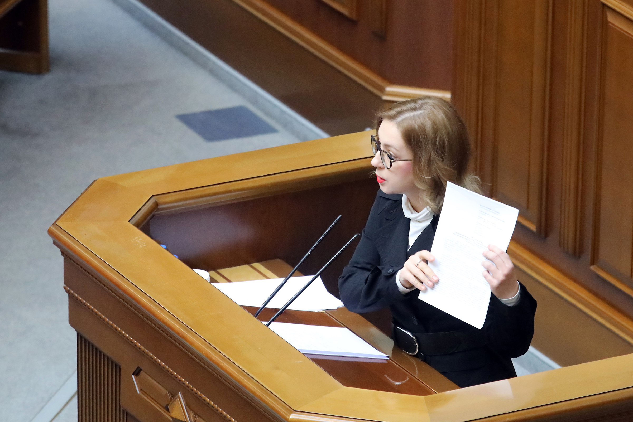 MP of Ukraine Inna Sovsun speaks from the rostrum during the sitting of the Verkhovna Rada in Kyiv on Feb. 16 (Volodymyr Tarasov—Ukrinform/Future Publishing/Getty Images)