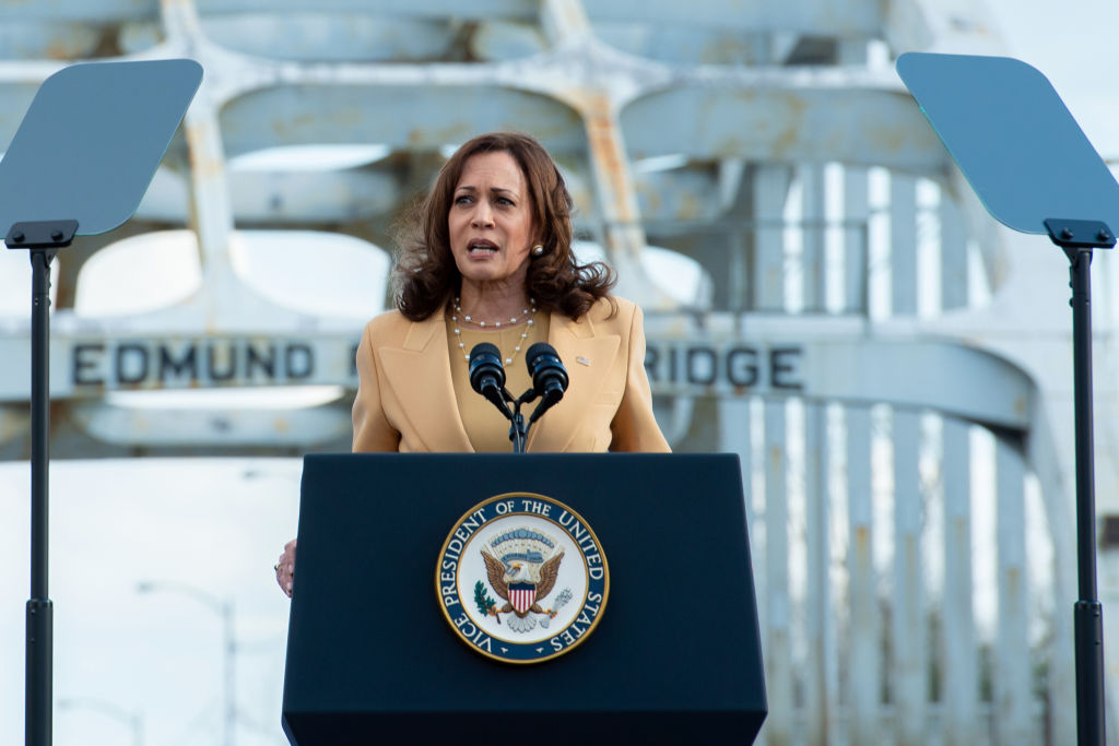U.S. Vice President Kamala Harris speaks during an event at the Edmund Pettus Bridge marking the 57th anniversary of the 1965 Bloody Sunday civil rights march in Selma, Alabama, on Sunday, March 6, 2022. (Andi Rice/CNP/Bloomberg —Getty Images)