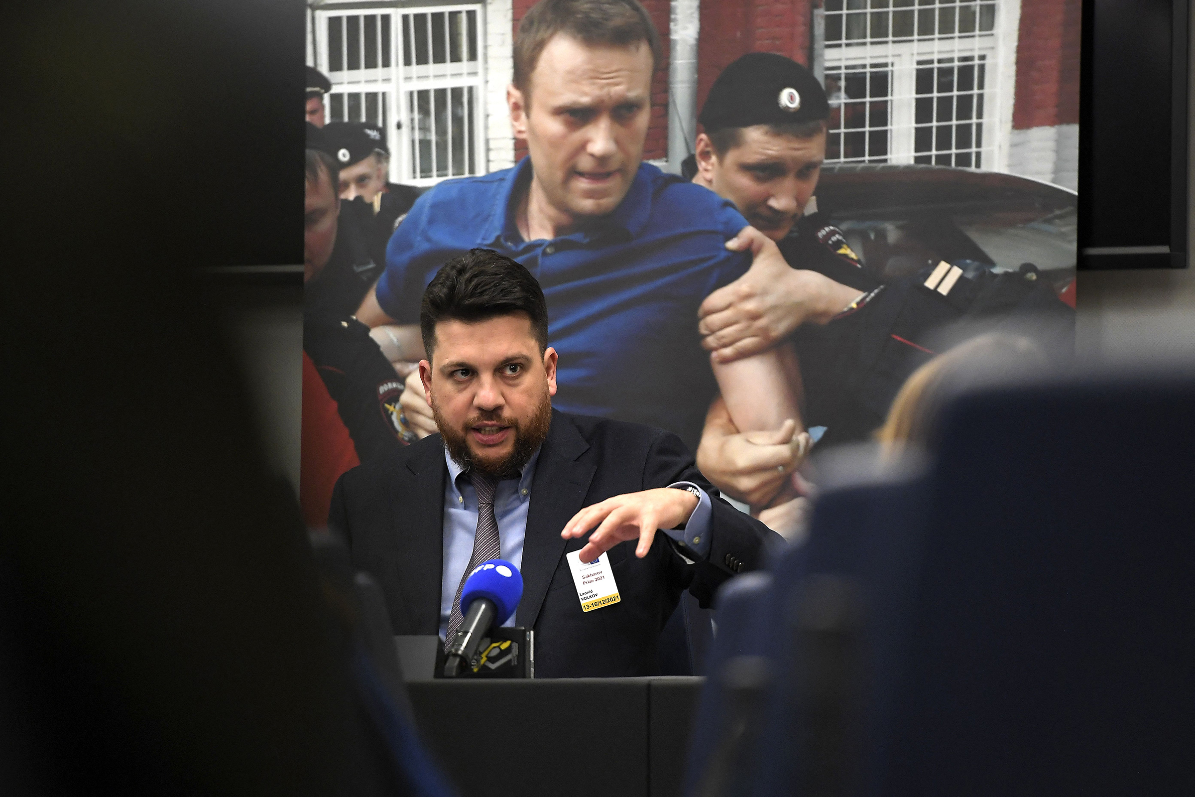 Chief of Staff of Russian opposition leader Alexei Navalny, Leonid Volkov speaks during an interview at the European Parliament in Strasbourg, France on Dec. 14, 2021 (Frederick Florin—AFP/Getty Images)