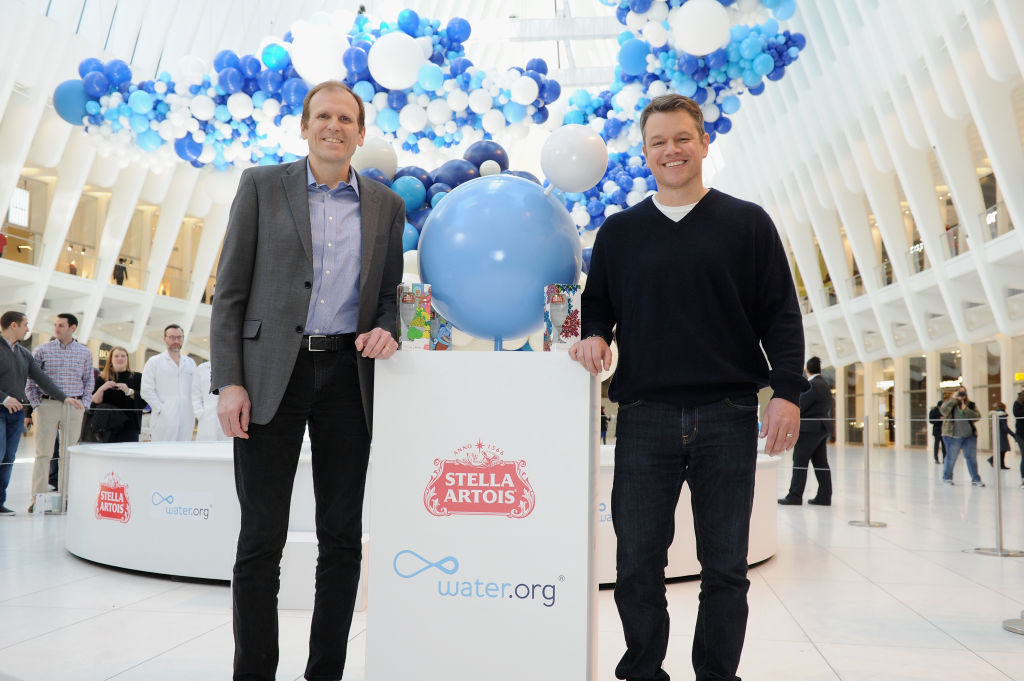 Water.org Co-Founders Gary White and Matt Damon join Stella Artois to unveil a public art installation that highlights the global water crisis, in partnership with Water.org, at The Oculus at Westfield World Trade Center in New York City, on March 22, 2017. (Craig Barritt—Getty Images for Stella Artois)