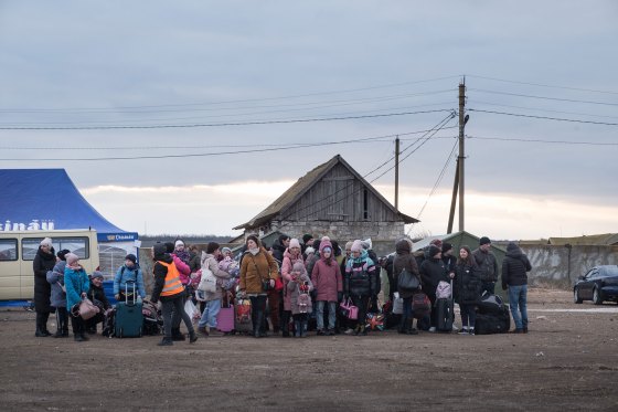 A group of refugees at the border of Palanca between Ukraine and Moldova, on March 6, 2022.