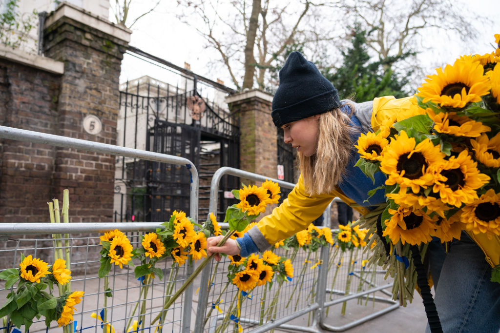 A group of people supporting the Sunflower of Peace charity organization place sunflowers outside the Russian Embassy in west London, to mark the first week of Russia's invasion of Ukraine, March 3, 2022. (Dominic Lipinski/PA Images—Getty Images)