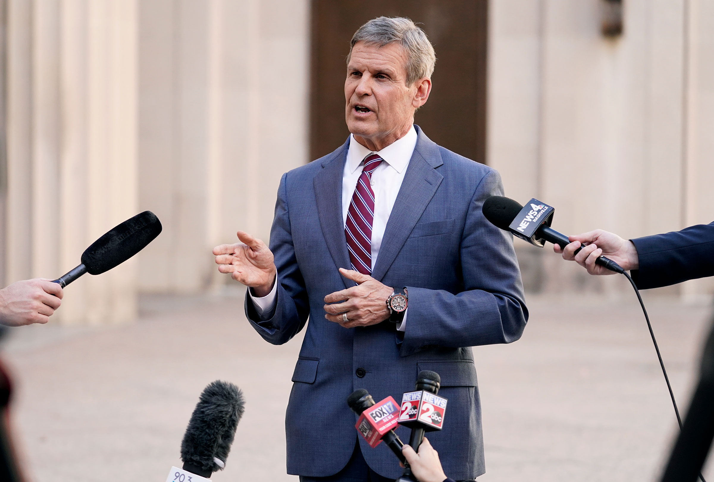 Tennessee Gov. Bill Lee answers questions after he spoke to a joint session of the legislature at the start of a special session on education, in Nashville, Tenn. on Jan. 19, 2021. (Mark Humphrey—AP)