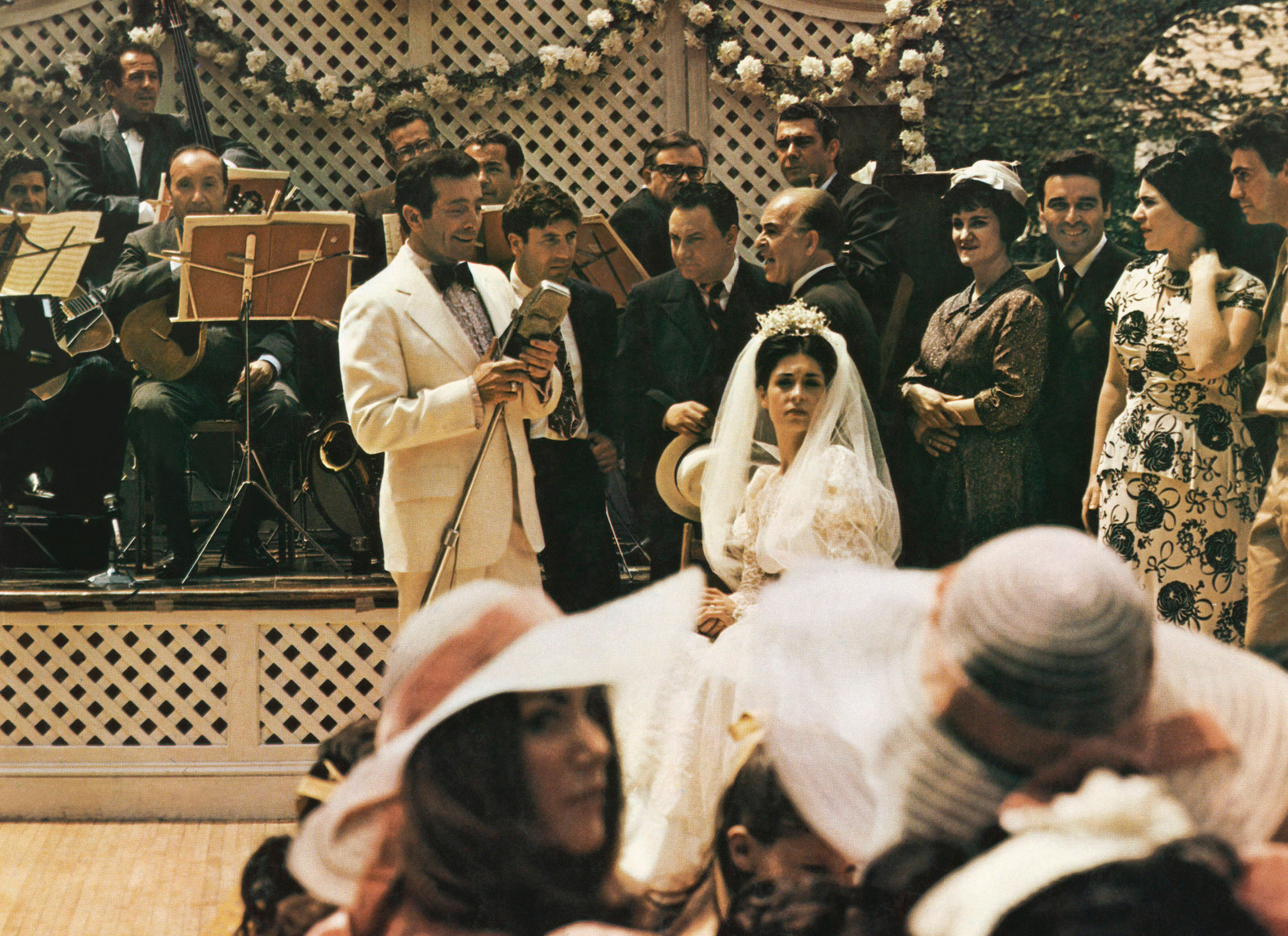 THE GODFATHER, Al Martino (microphone), Talia Shire (wedding dress), 1972