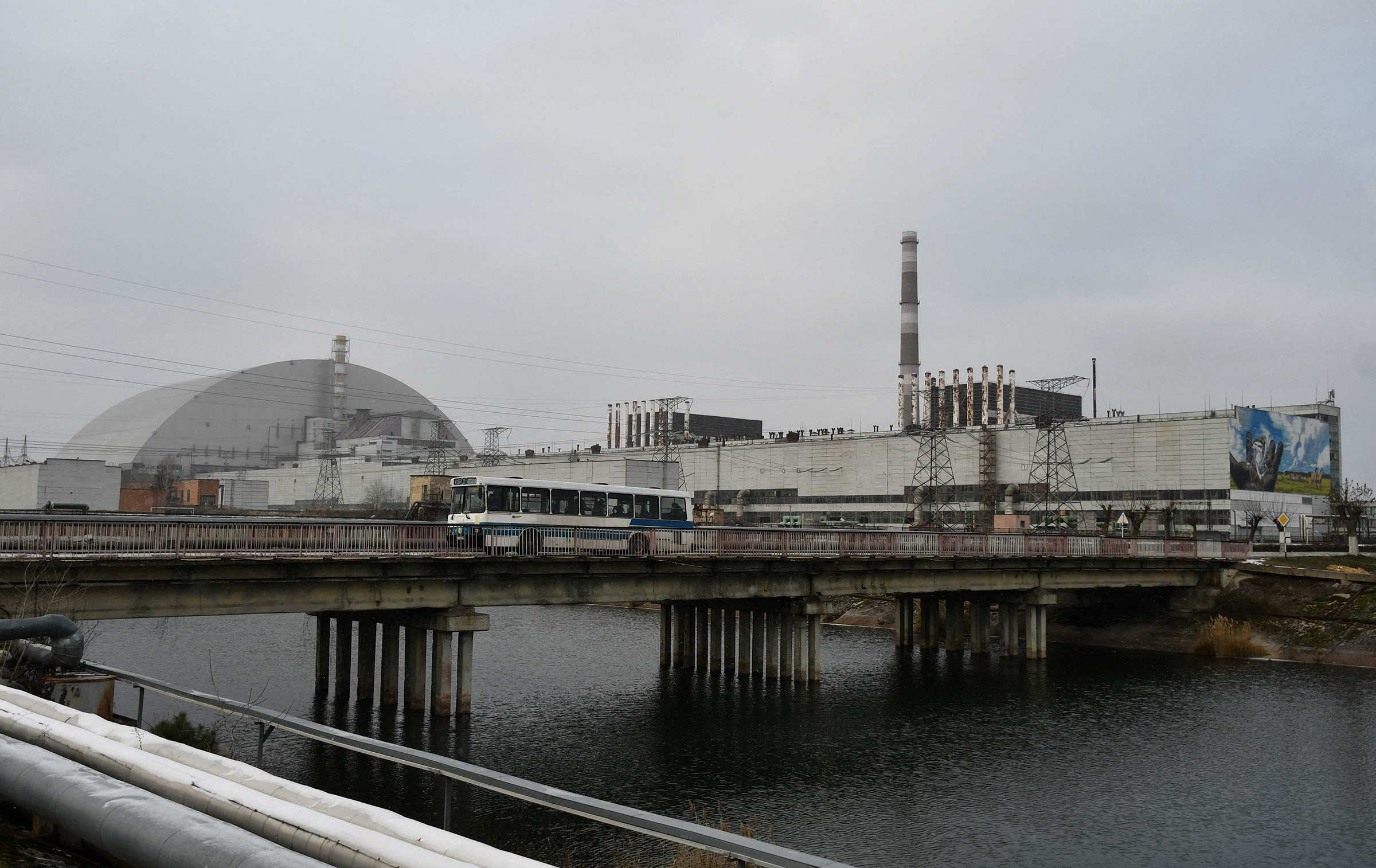 (FILES) This file photograph taken on December 8, 2020 shows a general view of Chernobyl nuclear power plant and giant protective dome built over the sarcophagus of the destroyed fourth reactor. (AFP via Getty Images—AFP or licensors)