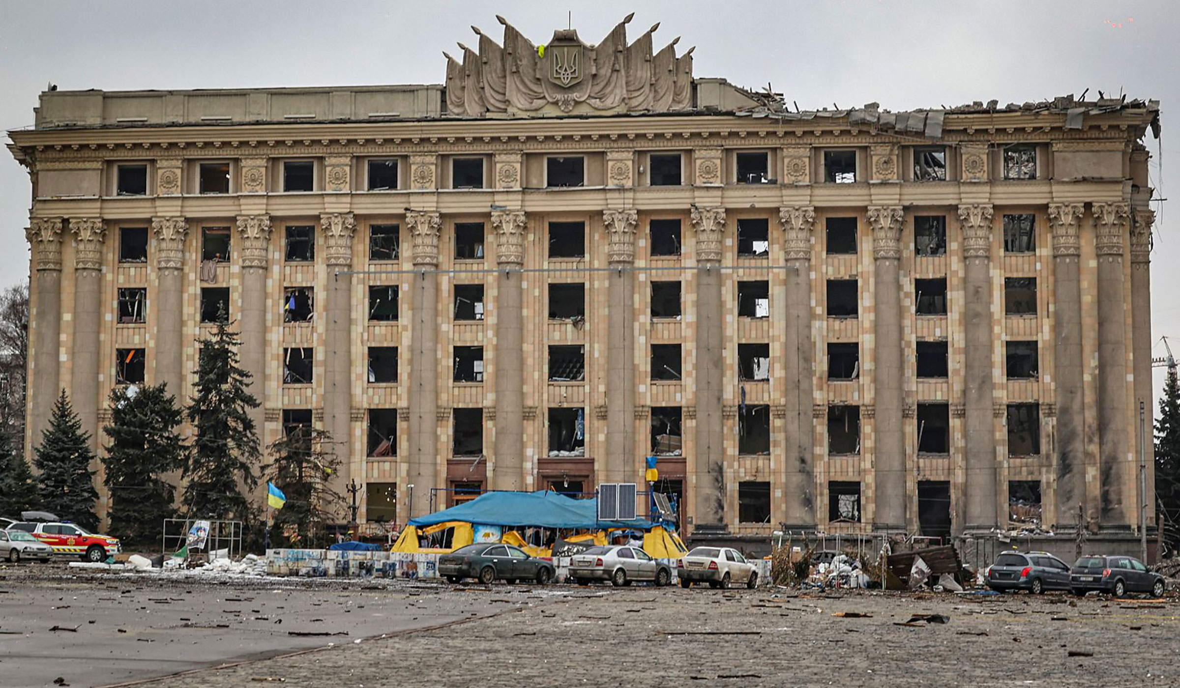 A damaged administrative building in the aftermath of a Russian shelling in downtown Kharkiv on March 1.