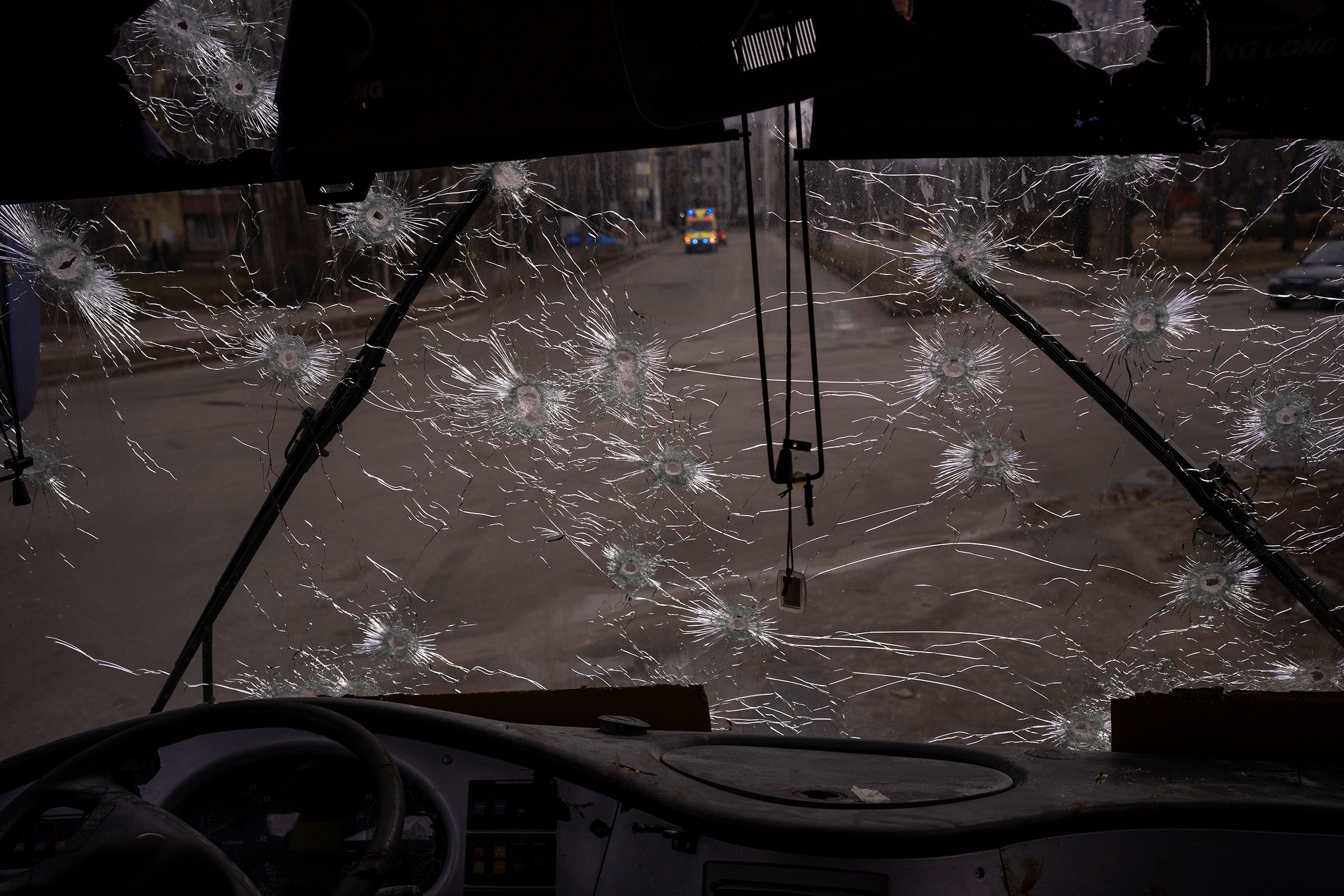 A machine-gunned bus is photographed after an ambush in the city of Kyiv on March 4.