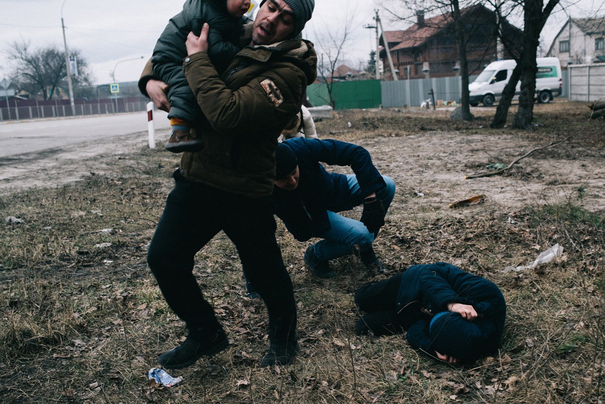 Civilians hide from shelling. During the evacuation of civilians from the city of Irpin, the Russian troops started the mortar and artillery shelling on them. Irpin town, Kyiv region, Ukraine, 06.03.2022