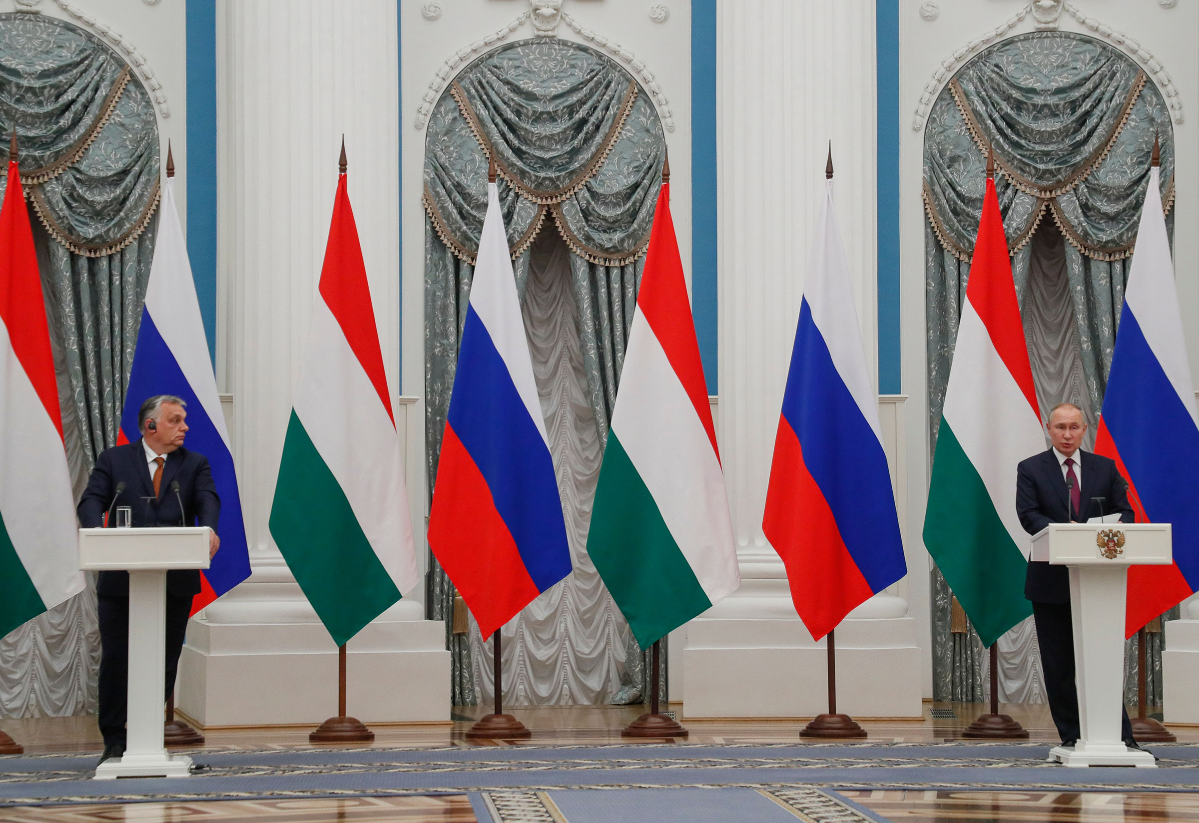 Hungarian Prime Minister Viktor Orban, left, and Russian President Vladimir Putin meet in the Moscow Kremlin on Feb 1 (Yuri Kochetkov—EPA-EFE/Shutterstock)