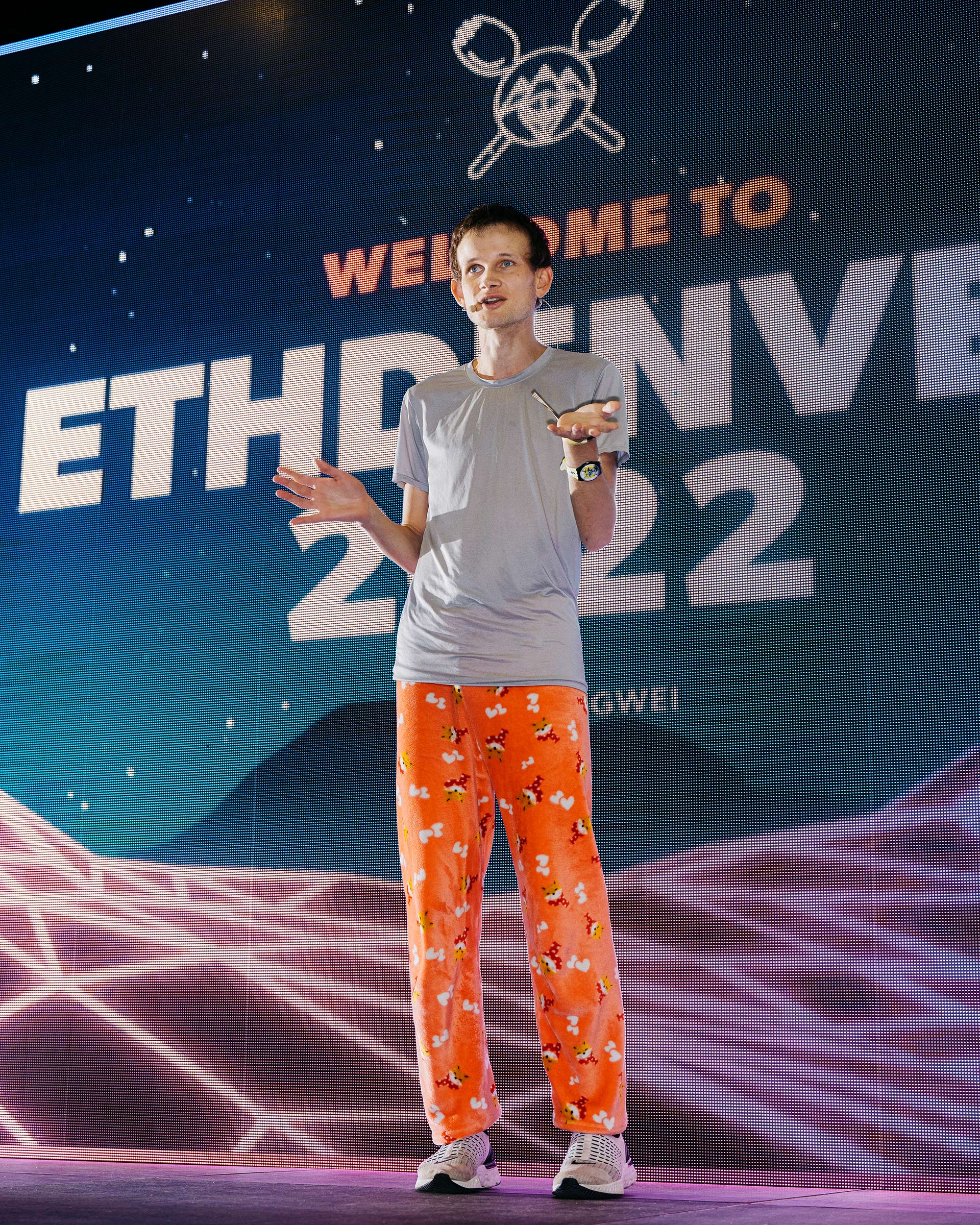 Buterin dons Shiba Inu pajama pants onstage at ETHDenver (Benjamin Rasmussen for TIME)