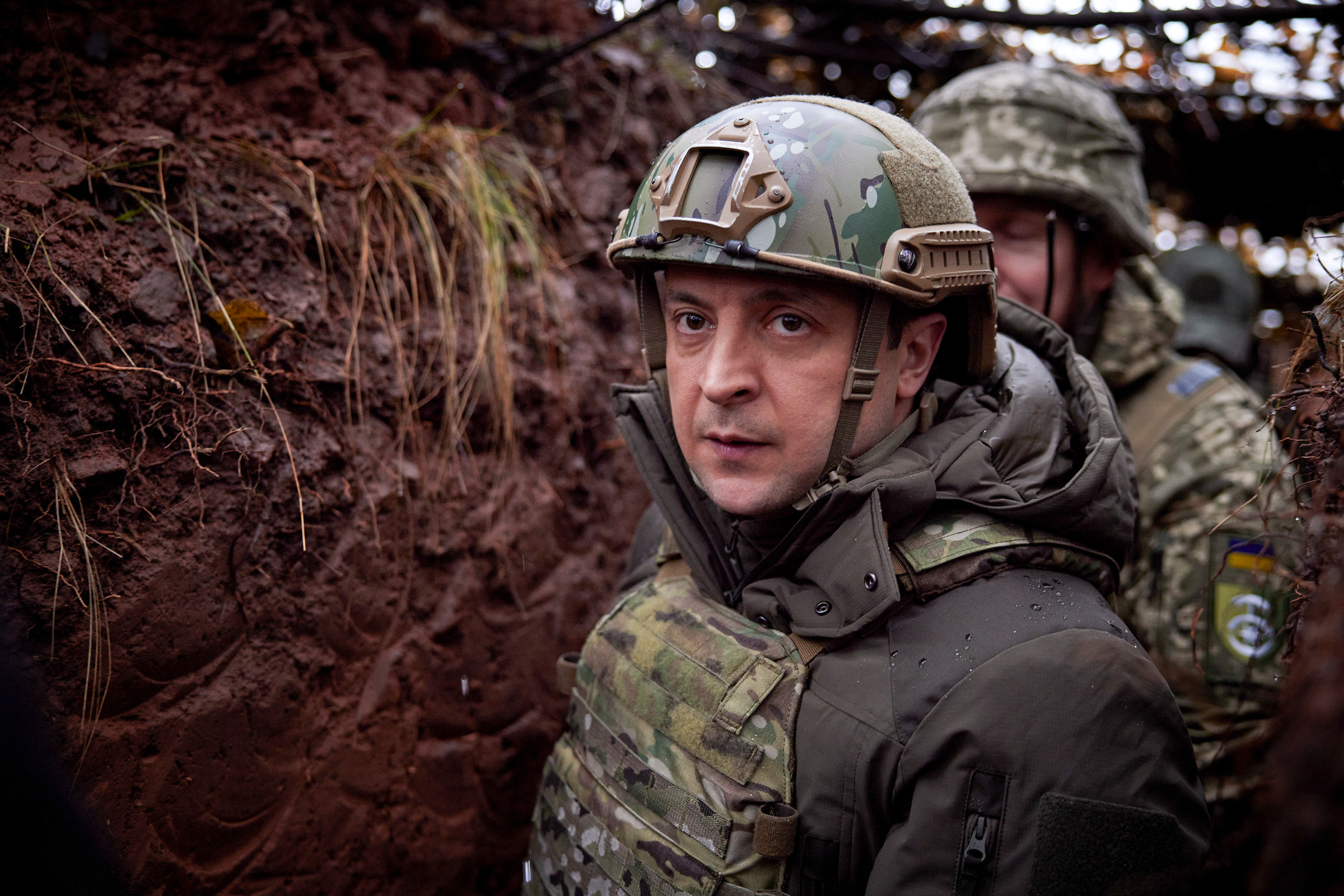 Zelensky at a trench in the war-racked Donetsk region of eastern Ukraine in December 2021 (Ukrainian Presidential Press Office/AP)