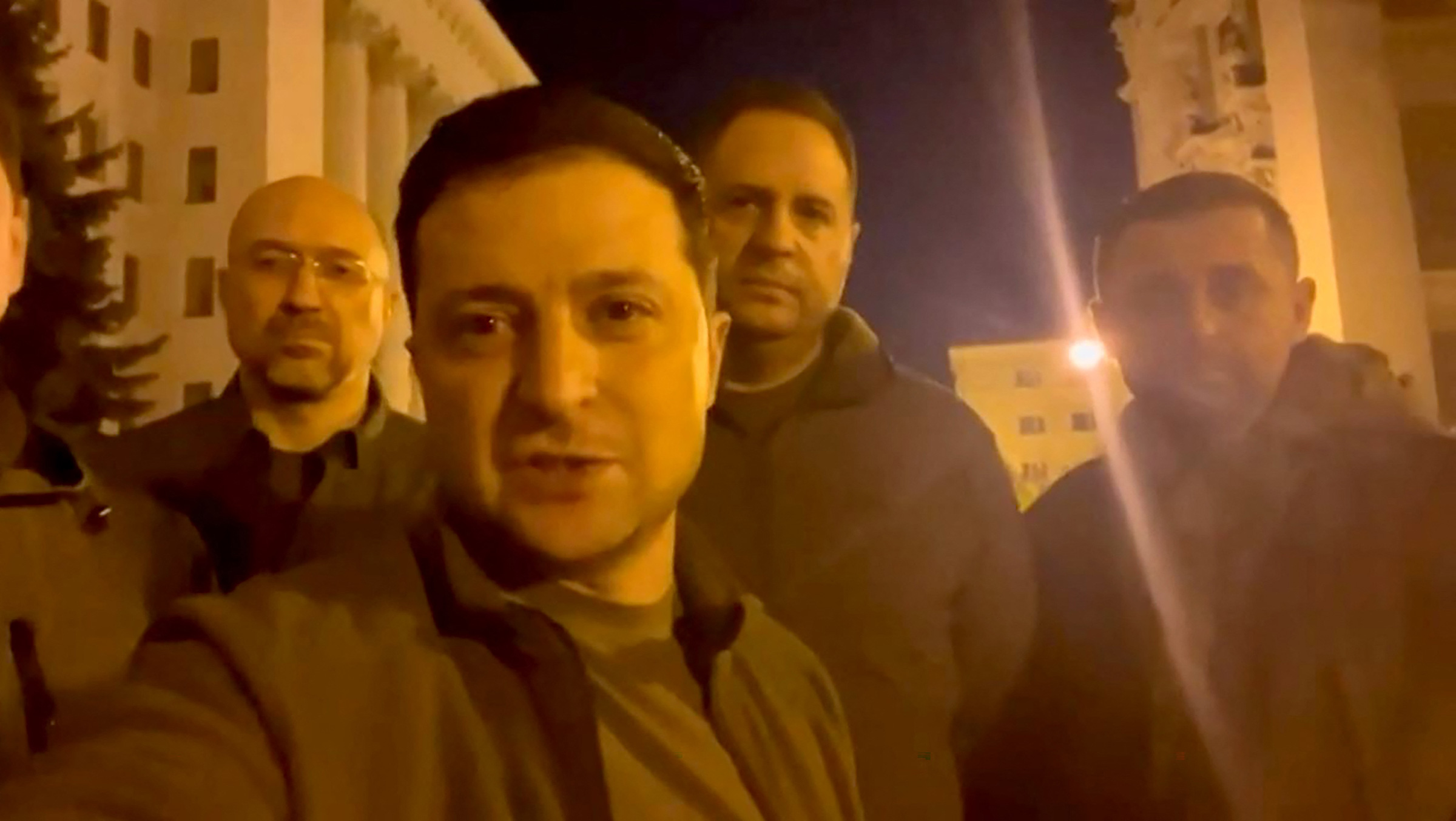 With top aides in a video posted on Facebook on Feb. 25; “We are all here,” Zelensky said from Kyiv (Volodymyr Zelensky—AFP/Getty Images)