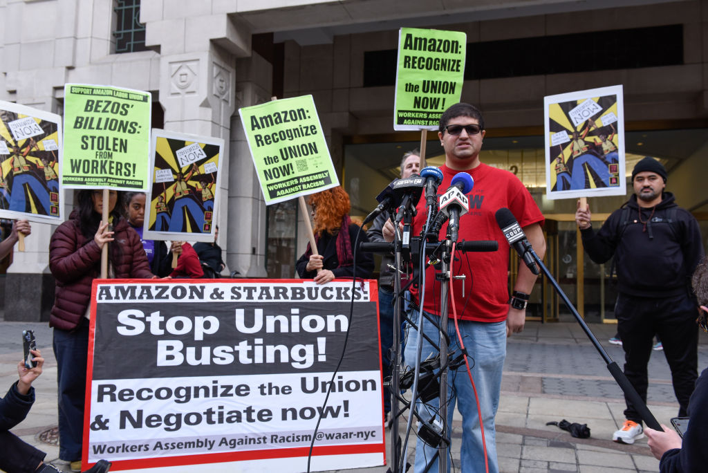 Jason Anthony, an Amazon labor organizer, speaks to members of the media during the vote count to unionize Amazon workers outside the National Labor Relations Board offices in the Brooklyn borough of New York on April 1, 2022. (Stephanie Keith—Bloomberg/Getty Images)