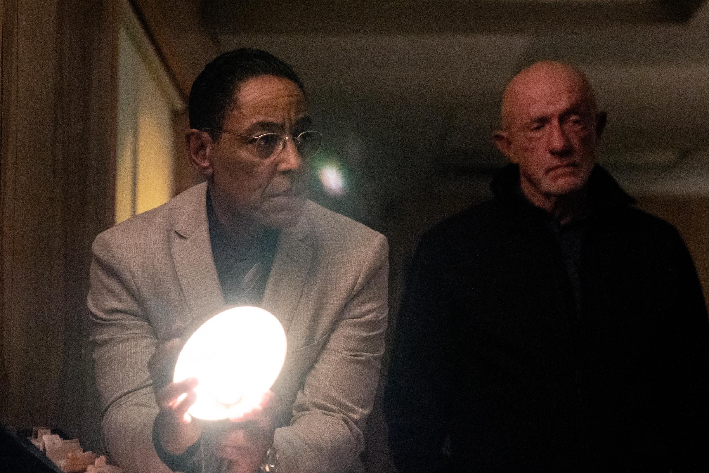 Giancarlo Esposito as Gus Fring, Jonathan Banks as Mike Ehrmantraut - Better Call Saul _ Season 6 - Photo Credit: Greg Lewis/AMC/Sony Pictures Television