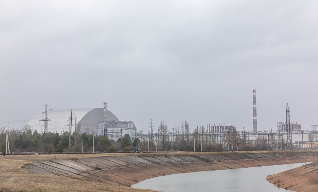 The Chernobyl nuclear power plant, with the safe confinement structure completed in 2016. This image was taken April 8, 2022—after Russian troops took control of the site. (Mykhaylo Palinchak—SOPA Images/LightRocket/ Getty Images)