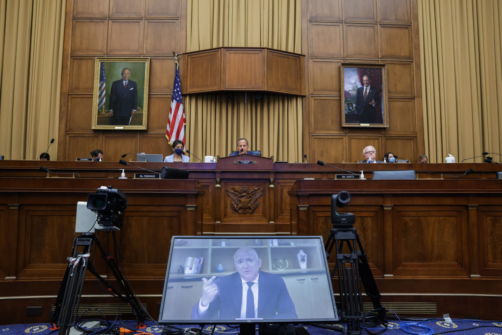 Amazon CEO Jeff Bezos testified via video conference during the House Judiciary Subcommittee on Antitrust, Commercial and Administrative Law hearing on Online Platforms and Market Power in July 2020. (Graeme Jennings—Pool/Getty Images)