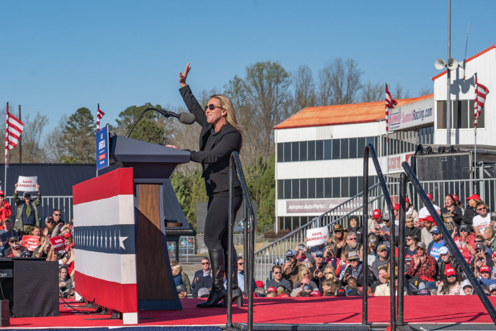 Rep. Marjorie Taylor Greene speaks to supporters of former U.S. President Donald Trump at the Banks County Dragway on March 26, 2022 in Commerce, Georgia. (Megan Varner—Getty Images)