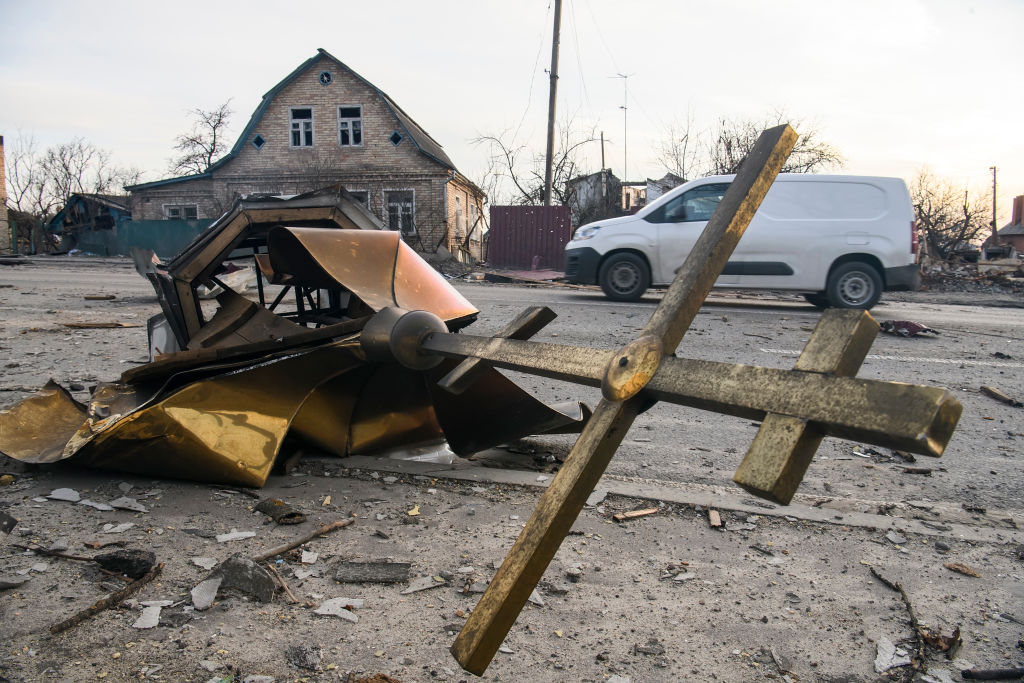 A cross and a dome of destroyed by shelling Russian army of orthodox church in the recaptured by the Ukrainian army Hostomel city in Kyiv area, Ukraine, on April 6, 2022.