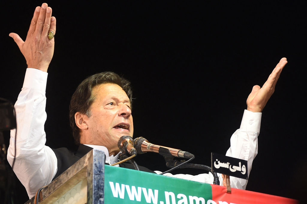 Former Pakistan prime minister Imran Khan addresses Pakistan Tehreek-e-Insaf (PTI) party supporters during a rally in Lahore on April 21, 2022. (Arif ALI/ AFP via Getty Images)