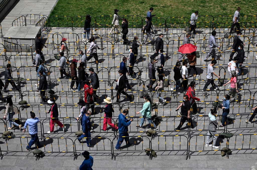 People line up to be tested for COVID-19  in Zhongguancun, Beijing on April 26, 2022. (JADE GAO/AFP via Getty Images)