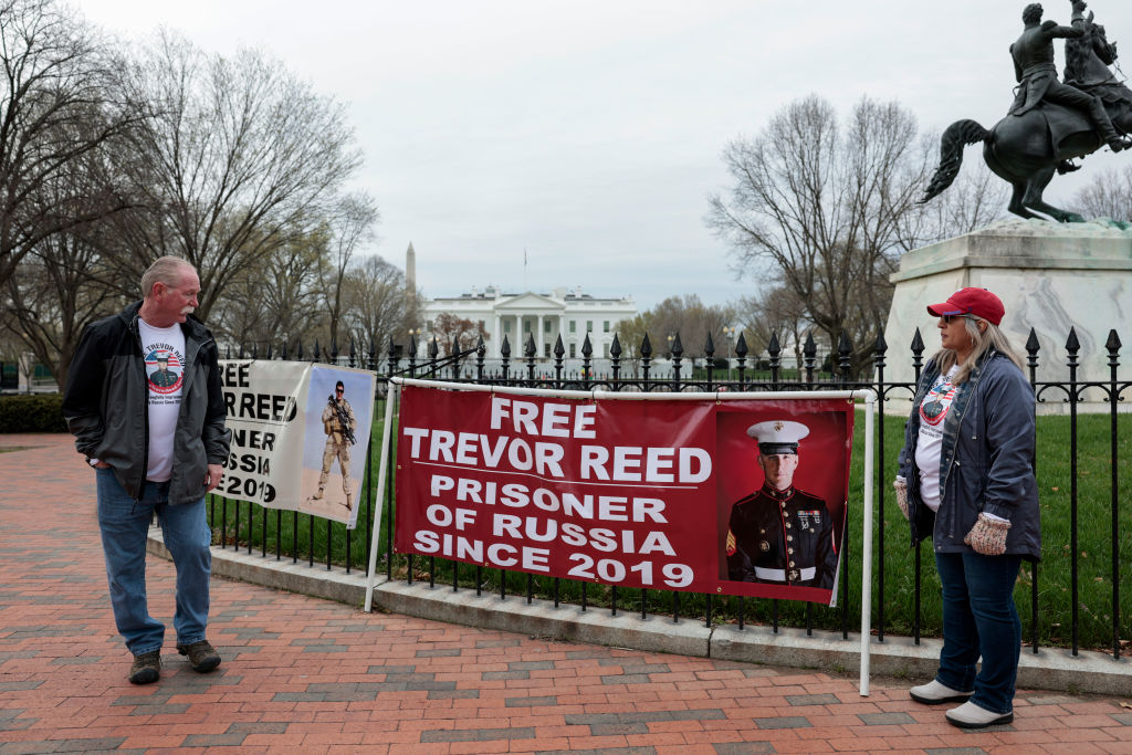 Joey Reed and Paula Reed, the parents of Trevor Reed demonstrate in Lafayette Park near the White House on March 30, 2022 in Washington, DC. (Anna Moneymaker/Getty Images)