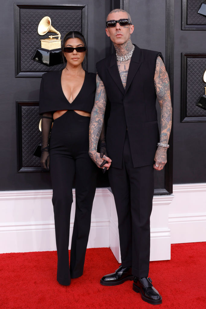(L-R) Kourtney Kardashian and Travis Barker attend the 64th Annual GRAMMY Awards at MGM Grand Garden Arena on April 03, 2022 in Las Vegas, Nevada. (Photo by Frazer Harrison/Getty Images for The Recording Academy) (Getty Images for The Recording A&mdash;2022 The Recording Academy)