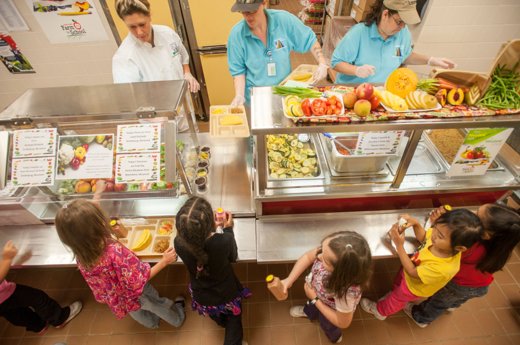 Elementary School Children in line at cafeteria being served healthy lunches Hagerstown, Maryland