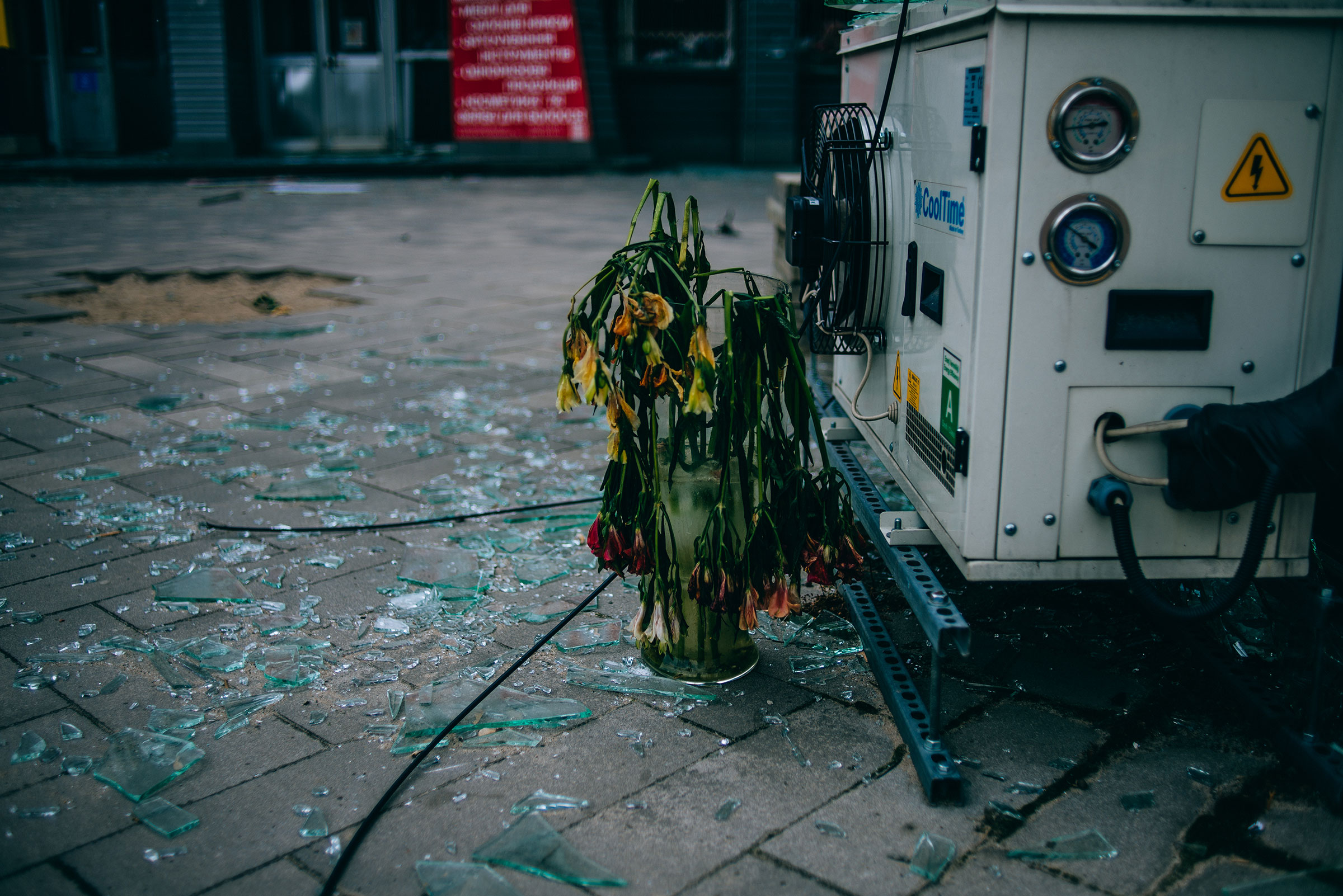 Flowers near a damaged floral shop inside Irpin on March 13. (Julia Kochetova)