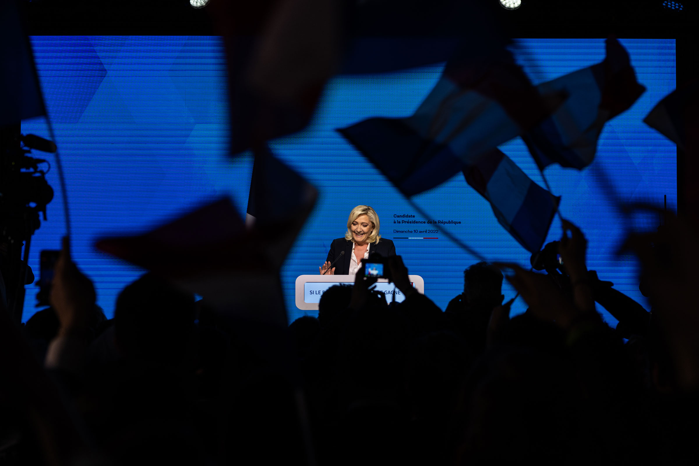 French presidential candidate Marine Le Pen speaks during an election night event after the first round of voting on April 10, 2022 in Paris, France. (Louise Delmotte—Getty Images)