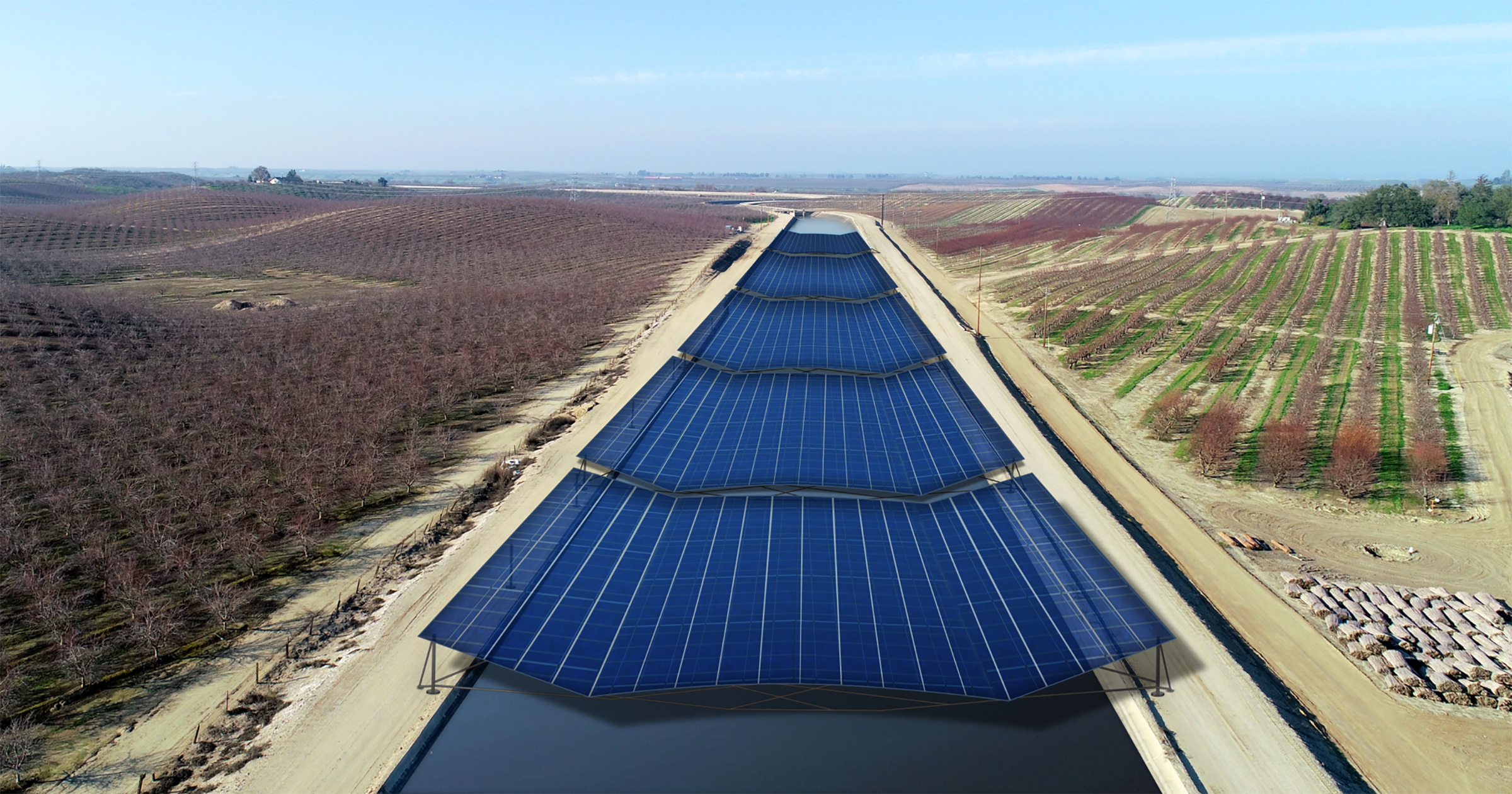 Artist renderings of cable suspended solar over a wide canal in the Turlock Irrigation district. (Solar Aquagrid)