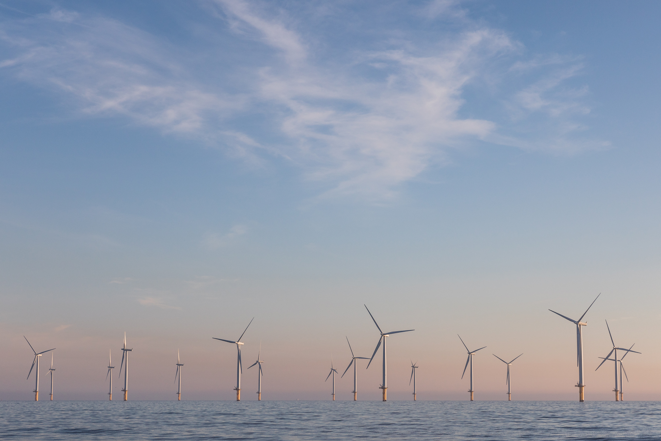 Low angle shot showing an offshore wind farm, Redcar, England, United Kingdom