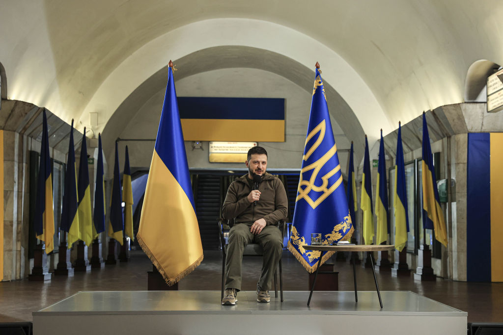 President of Ukraine Volodymyr Zelenskyy holds a press conference at the Independence Square metro station in Kyiv, Ukraine, on April 23, 2022. (Metin Aktas—Anadolu Agency/Getty Images)