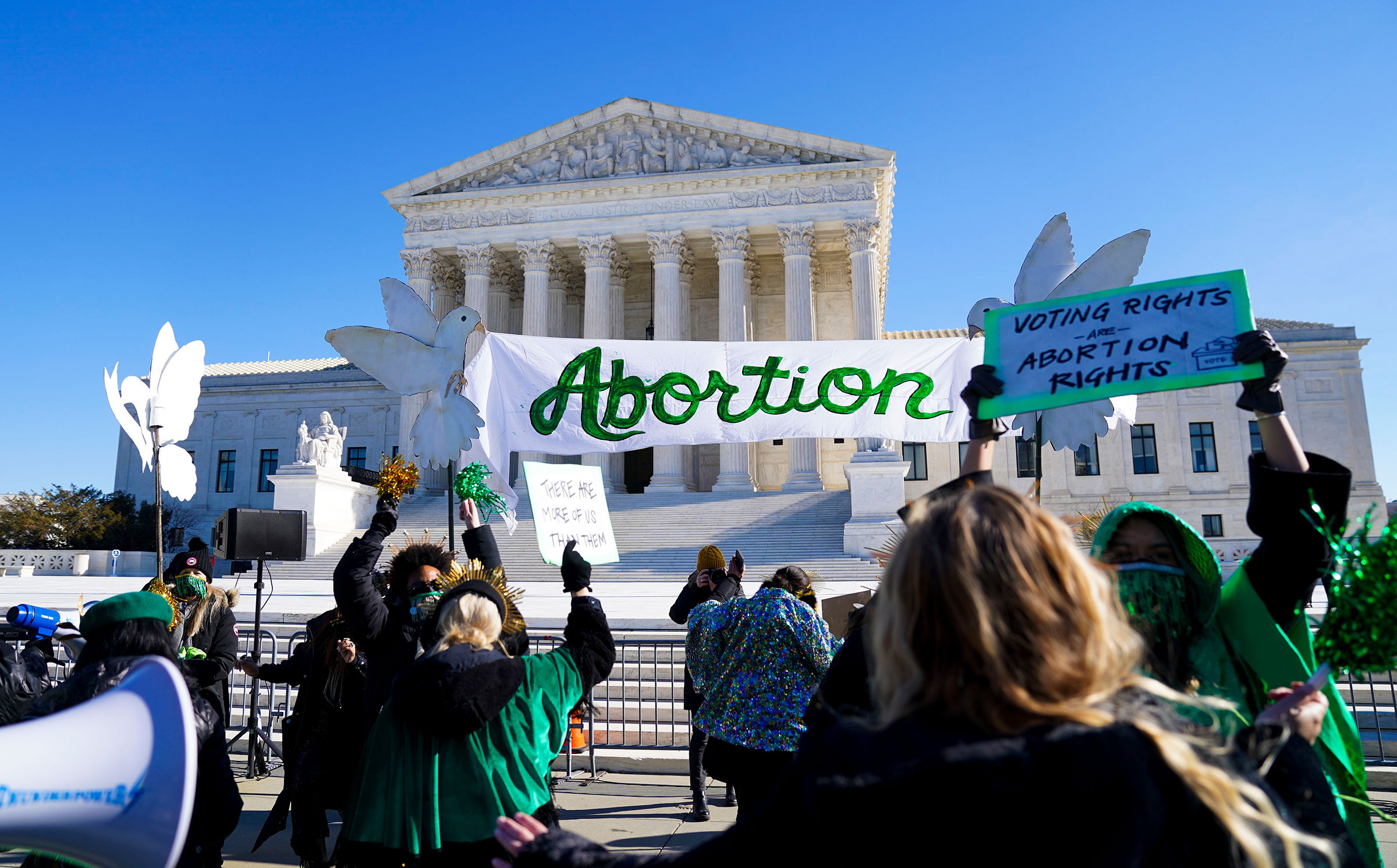 Performers participate in ACT FOR ABORTION in front of the Supreme Court of the United States on Jan. 22, 2022. (Leigh Vogel—Act For Abortion/Getty Images)