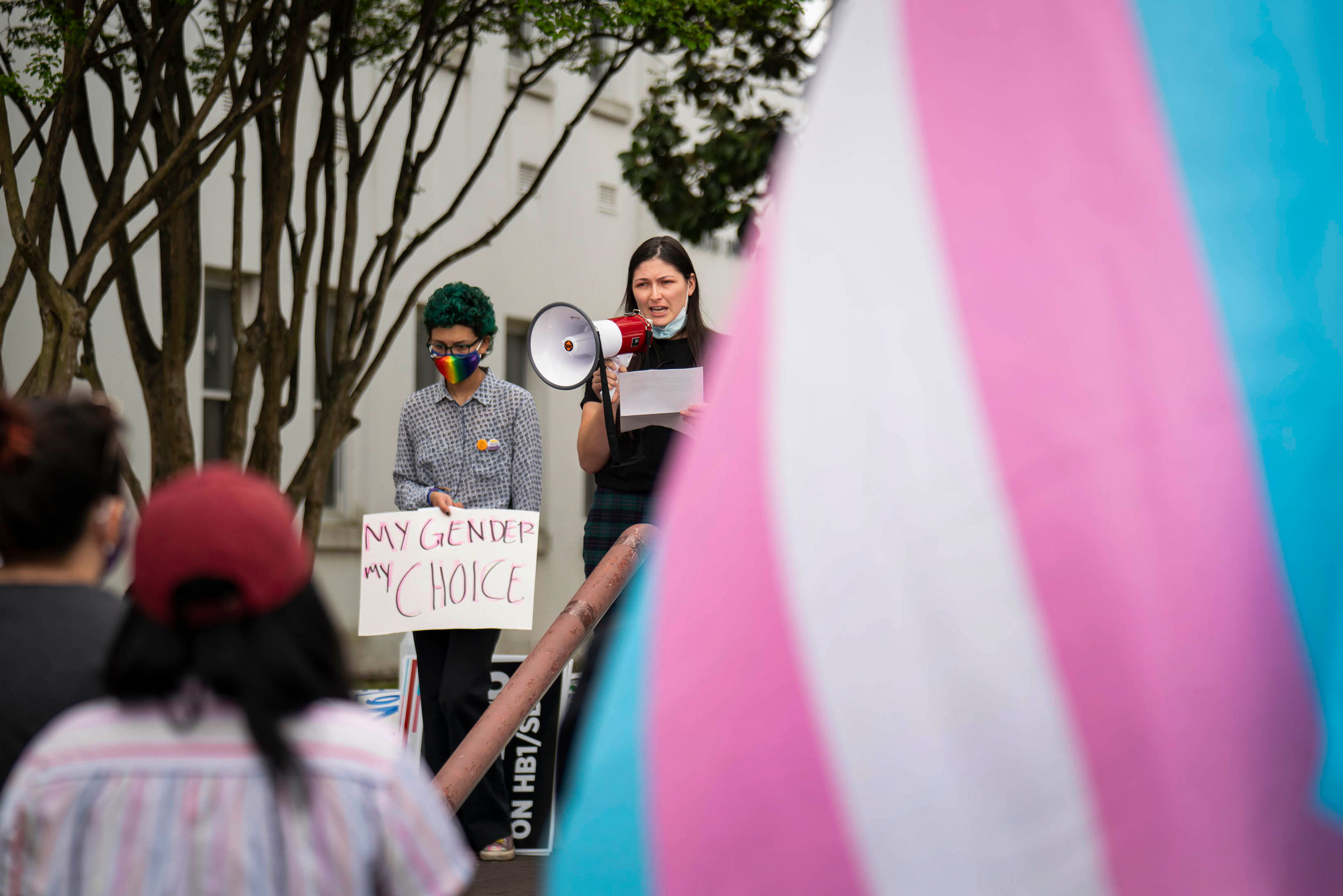 Supporters of transgender rights rally outside the Alabama State House in Montgomery, March 30, 2021. (Nicole Craine—The New York Times/Redux)