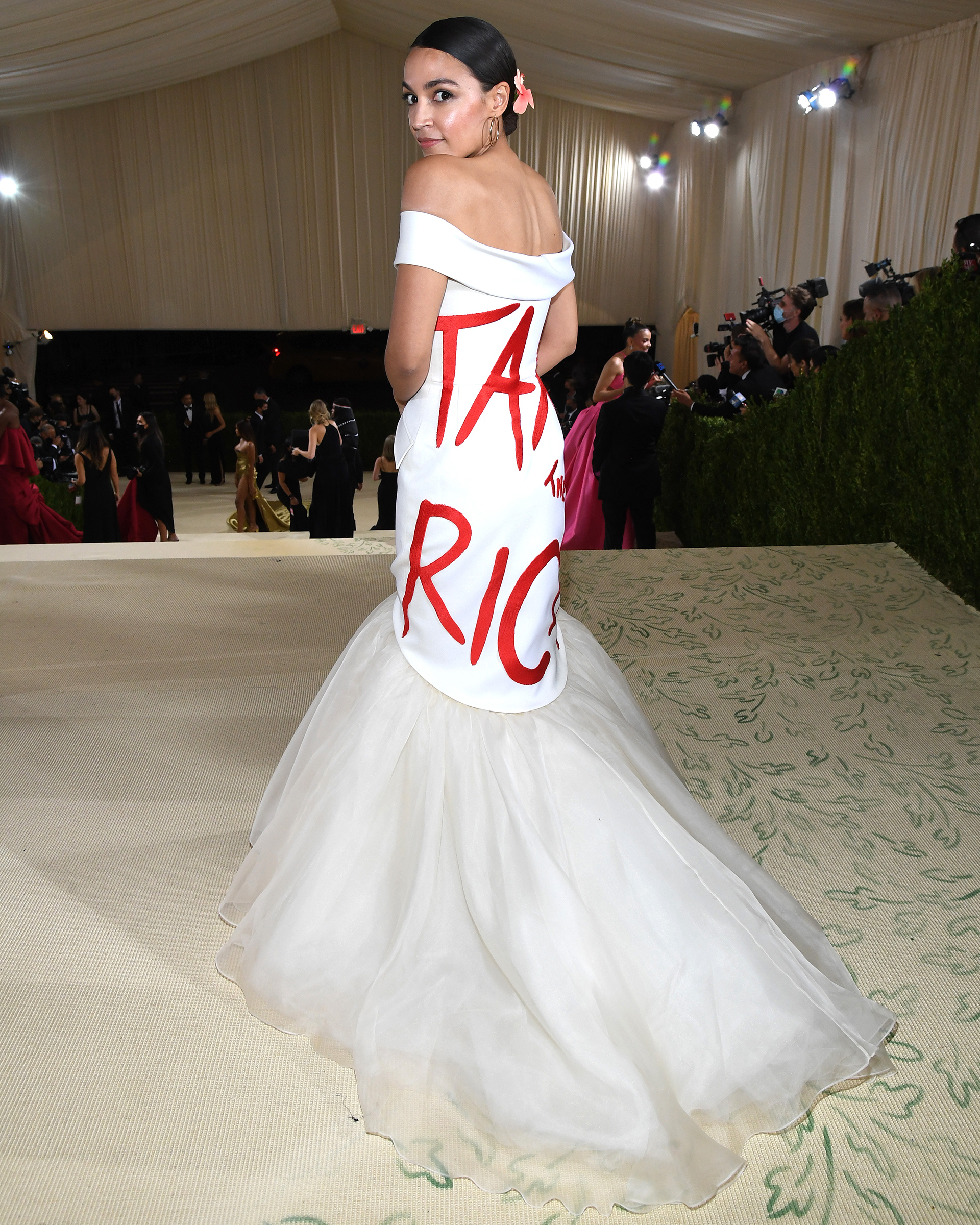 Rep. Alexandria Ocasio-Cortez attends the 2021 Met Gala in a gown designed by Aurora James (Kevin Mazur—MG21/Getty Images)