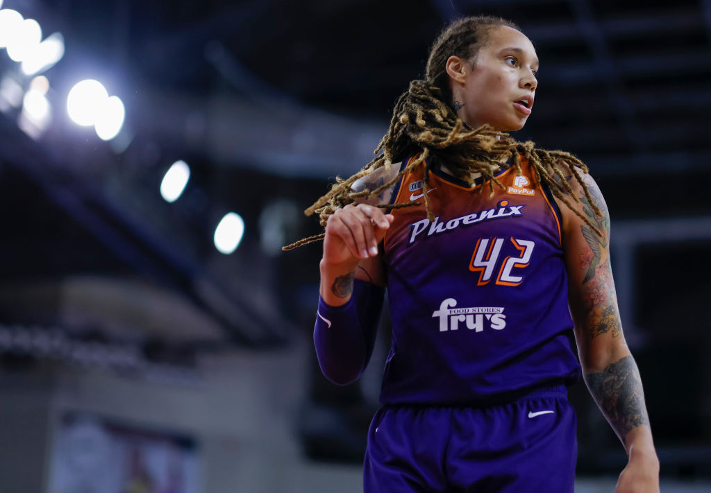 Brittney Griner (No. 42) of the Phoenix Mercury during the game against the Indiana Fever at Indiana Farmers Coliseum on Sept. 6, 2021 in Indianapolis, Indiana. (Michael Hickey—Getty Images)