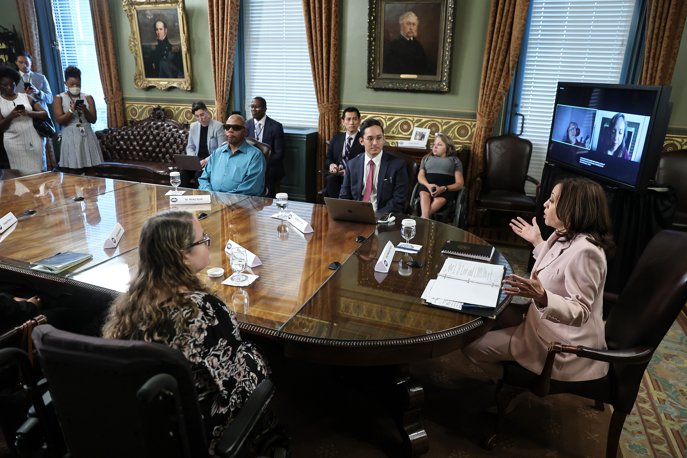 Vice President Kamala Harris meets with disabilities advocates in the Vice President's Ceremonial Office in Washington, D.C., on July 14, 2021. (Oliver Contreras—Pool/Sipa USA/AP)