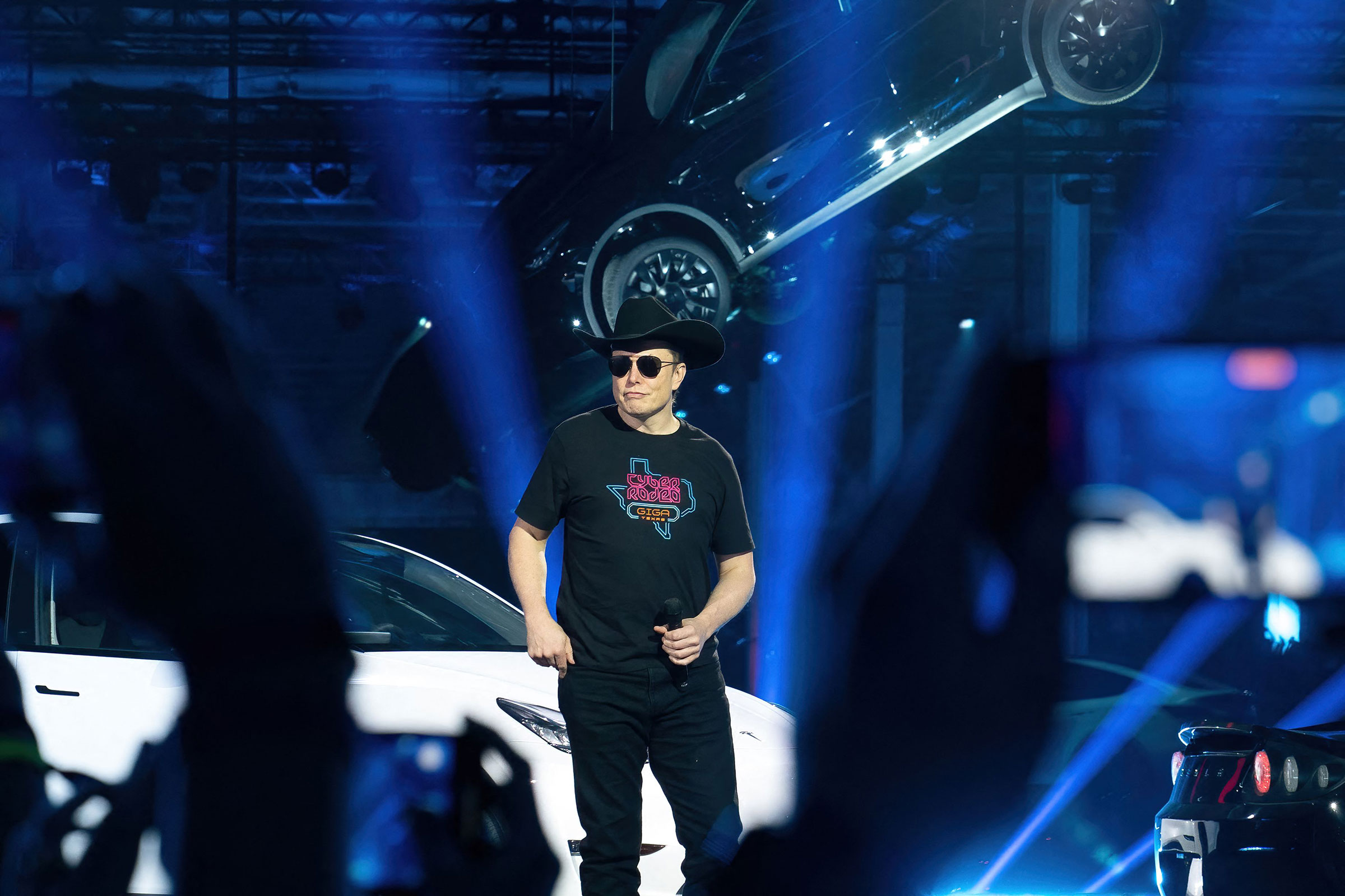 Elon Musk speaks at the Tesla Giga Texas manufacturing "Cyber Rodeo" grand opening party in Austin on April 7, 2022. (Suzanne Cordeiro—AFP/Getty Images)