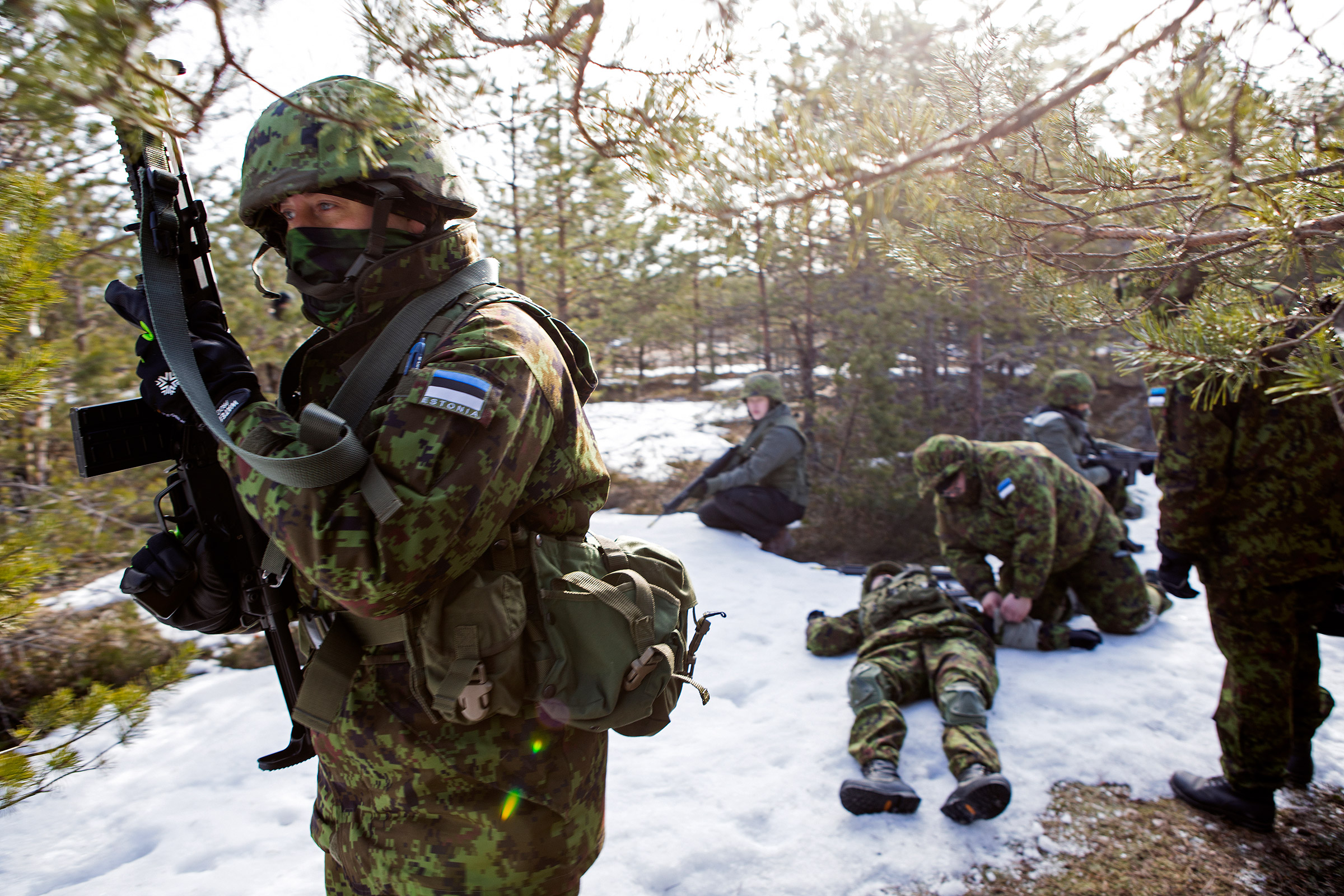 Trainees in the forest of Männiku, Estonia on March 27 (Birgit Püve for TIME)