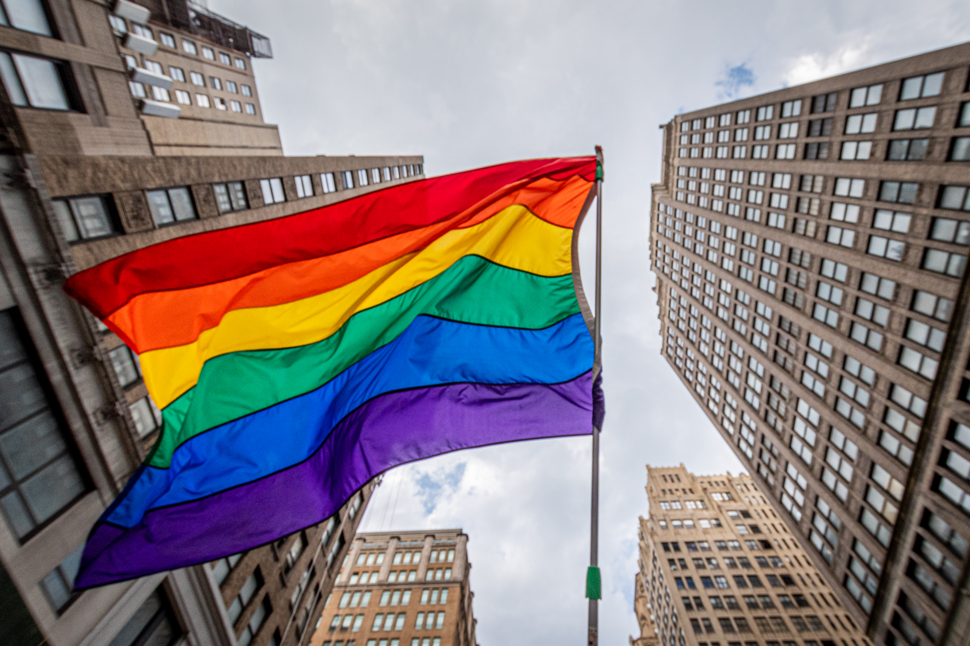 A rainbow flag seen flying at the march on June 27, 2021 in Manhattan, New York (Erik McGregor — LightRocket via Getty Images)